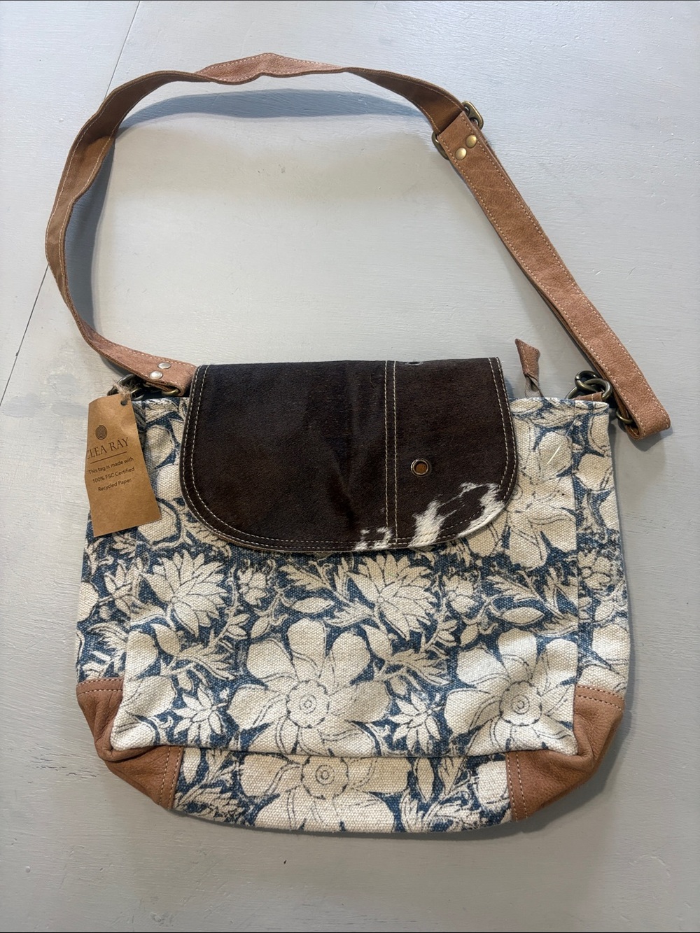Clea Ray NWT Blue Floral Canvas Crossbody Bag with Brown Leather Trim